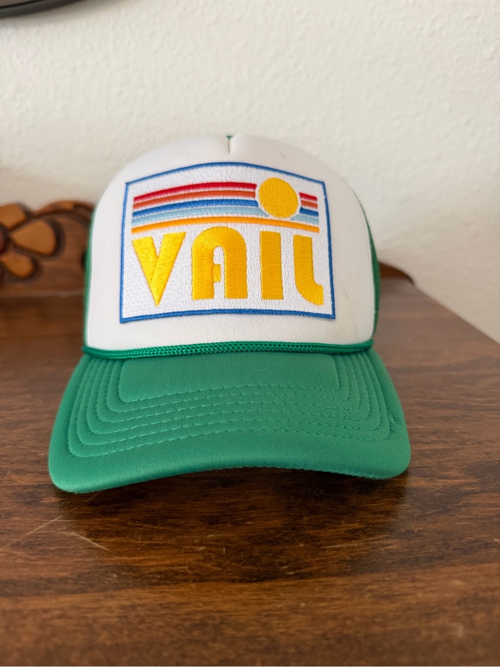 VAIL Retro Trucker Hat | Green Mesh Snapback | Embroidered Graphic Cap